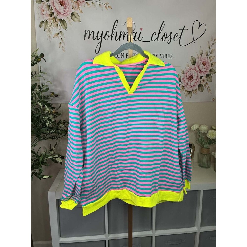 JOJOANS Striped Polo Sweatshirt in Pink Combo Women’s Size Large